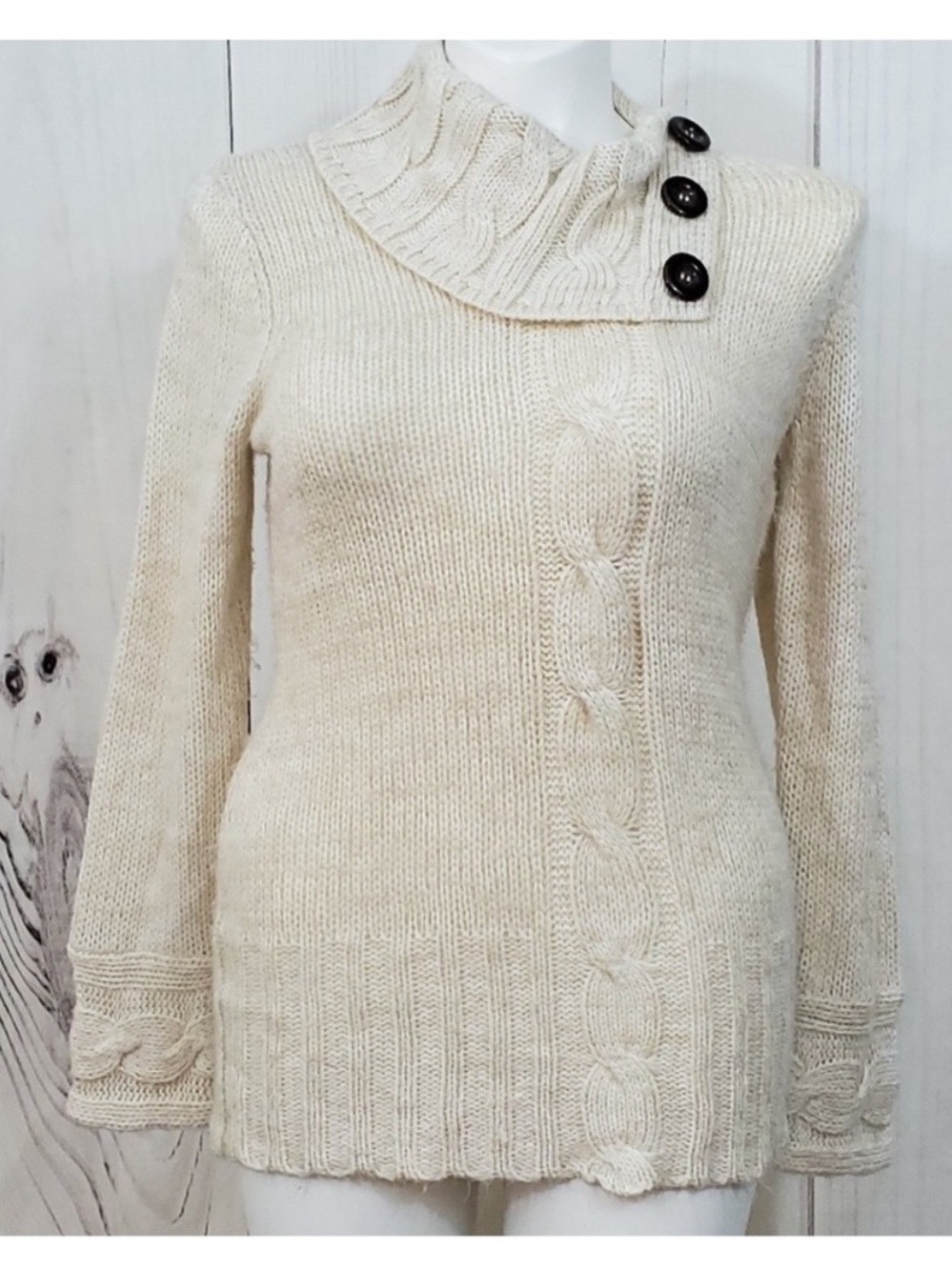 Inked & Faded Cable-Knit Button-Detail Turtleneck Sweater